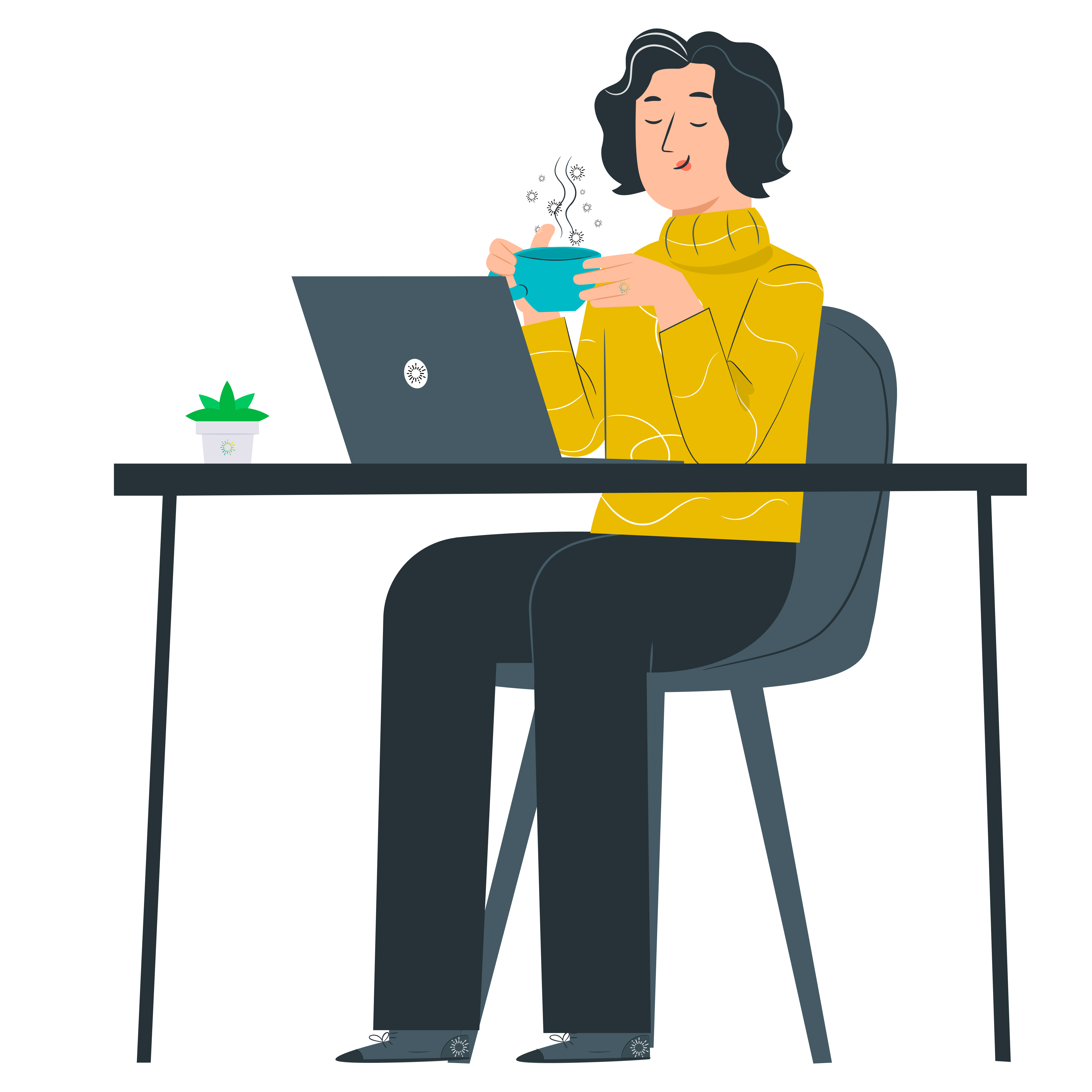 Woman sitting at computer sipping hot coffee