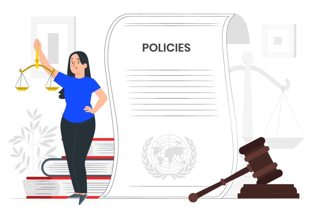 Woman holding scales, policy document, gavel